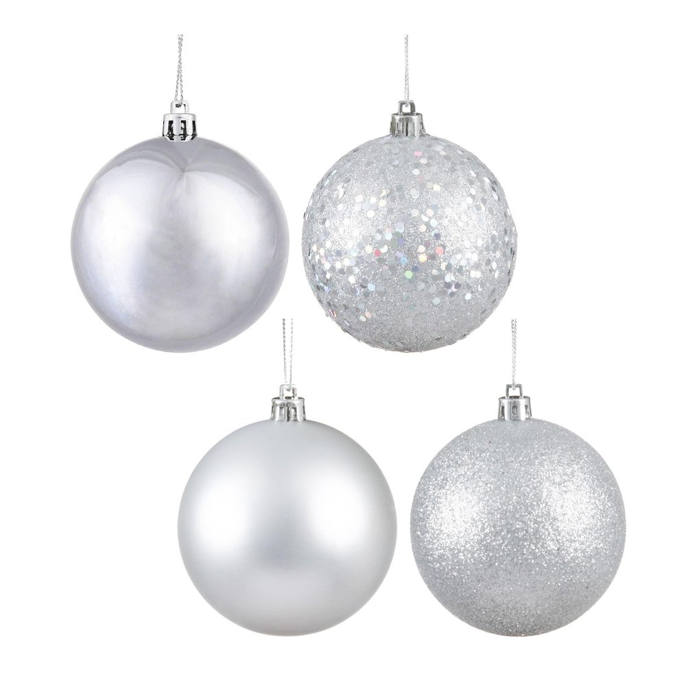 Vickerman 8" Silver 4-Finish Ball Ornament Set - Matte, Shiny, Glitter, Sequin, Shatterproof Plastic, Variety for Holiday Decorating, 4 Ornaments Per Box, Complements Various Dcor