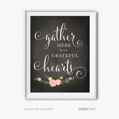 Andaz Press Chalkboard Floral Thanksgiving Fall Autumn Party Collection, Gather Here with Grateful Hearts Party Sign, 8.5 x 11-inch, 1-Pack