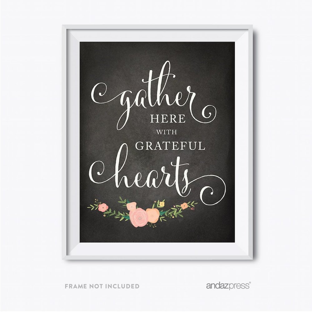 Andaz Press Chalkboard Floral Thanksgiving Fall Autumn Party Collection, Gather Here with Grateful Hearts Party Sign, 8.5 x 11-inch, 1-Pack