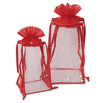 12ea - 6 X 6 X 10 Red Organza & Clr Vinyl Bags Width 6"
