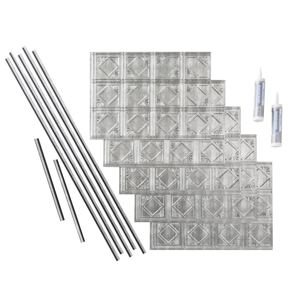 FASDE Traditional Style/Pattern 4 Decorative Vinyl Backsplash 15 sq ft Kit in Crosshatch Silver