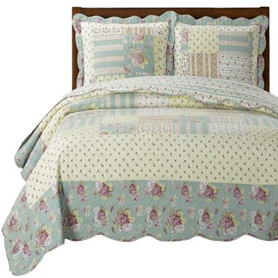 7- Pcs Bed Spread Set- Full -Annabel-Printed Quilted Wrinkle-Free Microfiber Includes 3-Pcs Coverlets Set and 4-Pcs Sheet Set