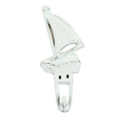 Handcrafted Nautical Decor Rustic Whitewashed Cast Iron Sailboat Hook 6 Inch - Sailboat Decoration - Metal Wall Hook
