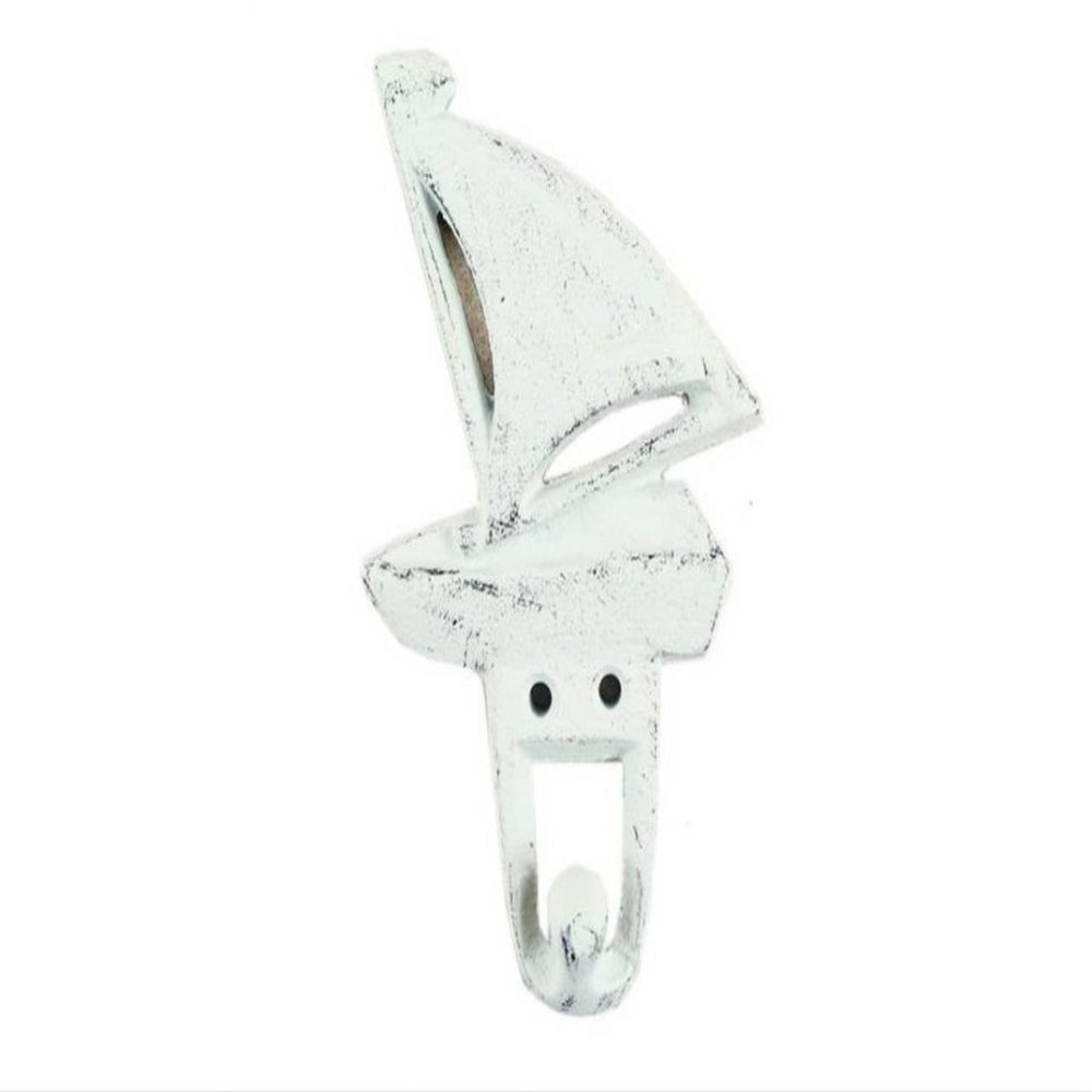 Handcrafted Nautical Decor Rustic Whitewashed Cast Iron Sailboat Hook 6 Inch - Sailboat Decoration - Metal Wall Hook