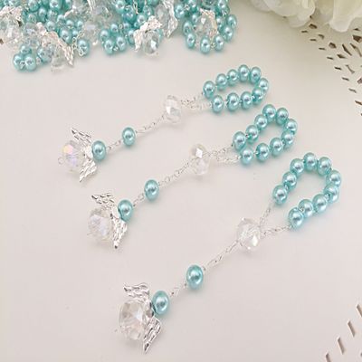 25 Pc Light Blue Color Baptism Favors with Angels Mini Rosaries Silver Plated Blue Crystal Pearls/Recuerditos De Bautismo/Christening Favors/Decenarios/Decades/Finger Rosaries
