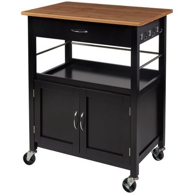eHemco Kitchen Island Cart on Wheels with Drawer, Storage Cabinet, Shelf and Natural Bamboo Top Butcher Block, Black Base