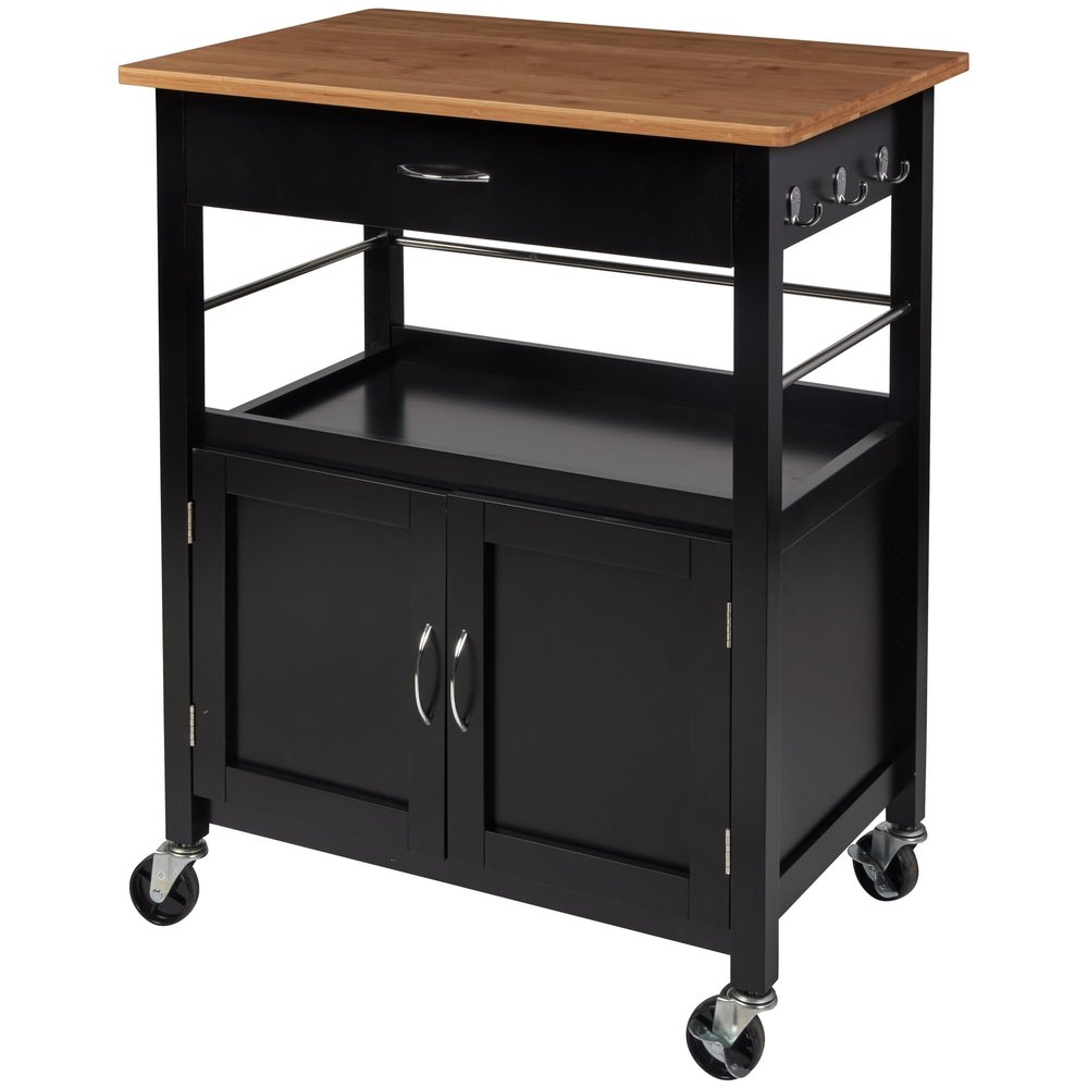 eHemco Kitchen Island Cart on Wheels with Drawer, Storage Cabinet, Shelf and Natural Bamboo Top Butcher Block, Black Base