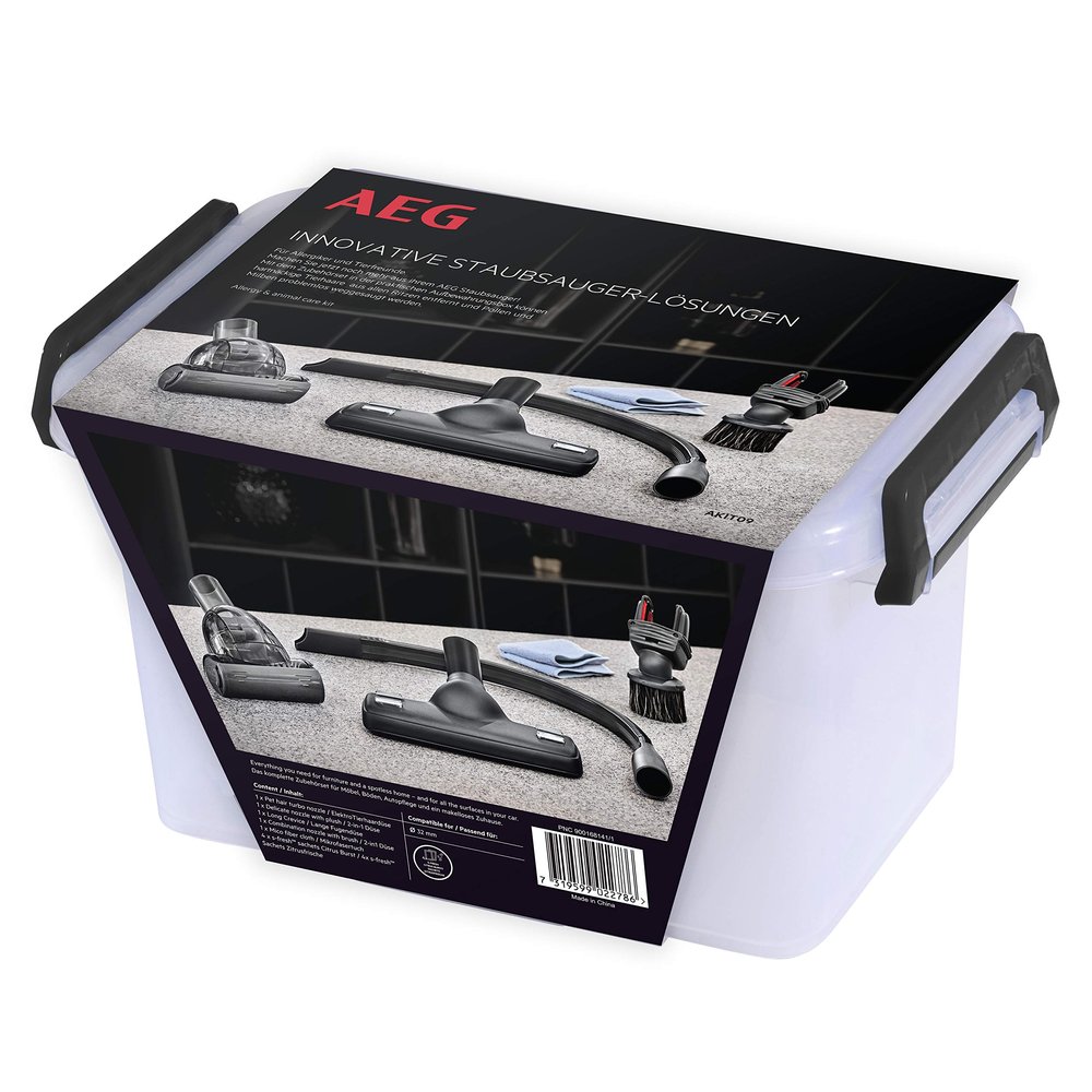 AEG 900168141 AKIT09 Extension Kit, Nozzle Set, Accessories, Ideal for Allergy Sufferers Owners, Removal of Pet Hair, House Dust and Mites, for 32 mm Round Tube Vacuum Cleaner, Storage Box, Plastic