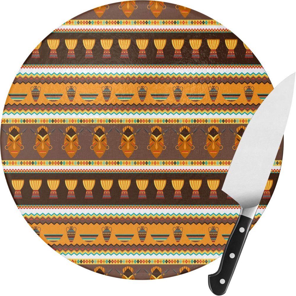 African Masks Round Glass Cutting Board - Medium