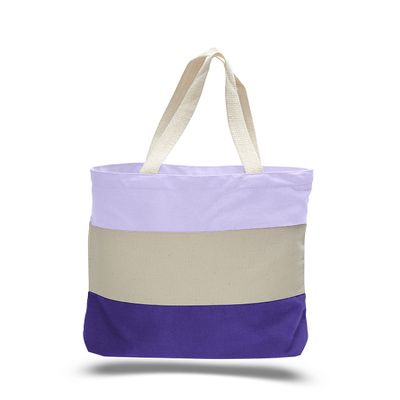 2 Dozen (Pack of 24) - Cotton Canvas Tri Color Promo Tote with Bottom Gusset (Purple/Natural/Lavender., 24)