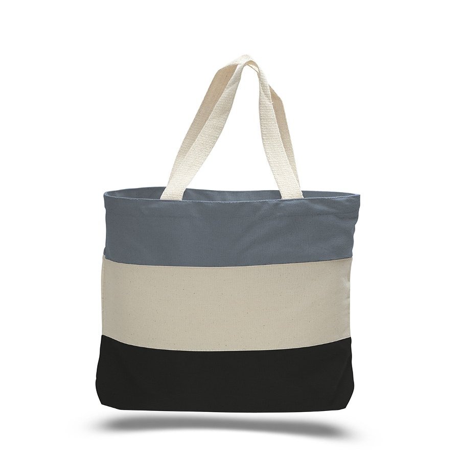 2 Dozen (Pack of 24) - Cotton Canvas Tri Color Promo Tote with Bottom Gusset (Black/Natural/Light Green, 24)