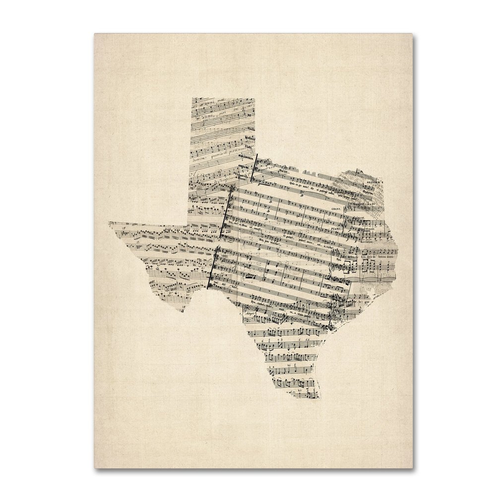 Trademark Fine Art Old Sheet Music Map of Texas by Michael Tompsett, 18x24-Inch