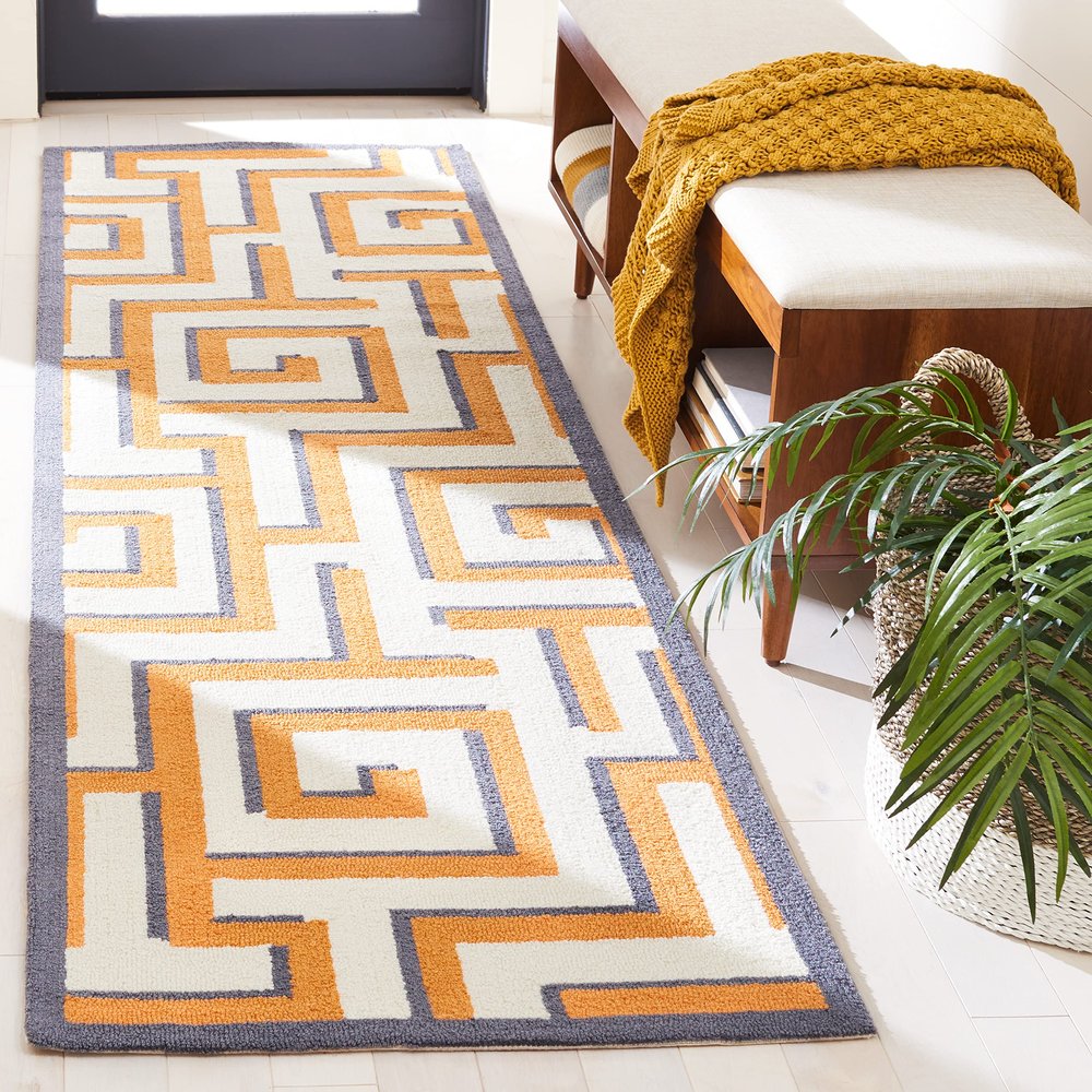 SAFAVIEH Four Seasons Collection 2'3" x 8' Ivory / Brown FRS240L Hand-Hooked Geometric Runner Rug