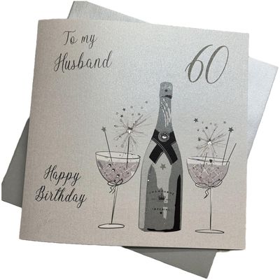 white cotton cards To My Husband 60 Happy Birthday, Champagne Flutes Handmade Card, XPD28-60