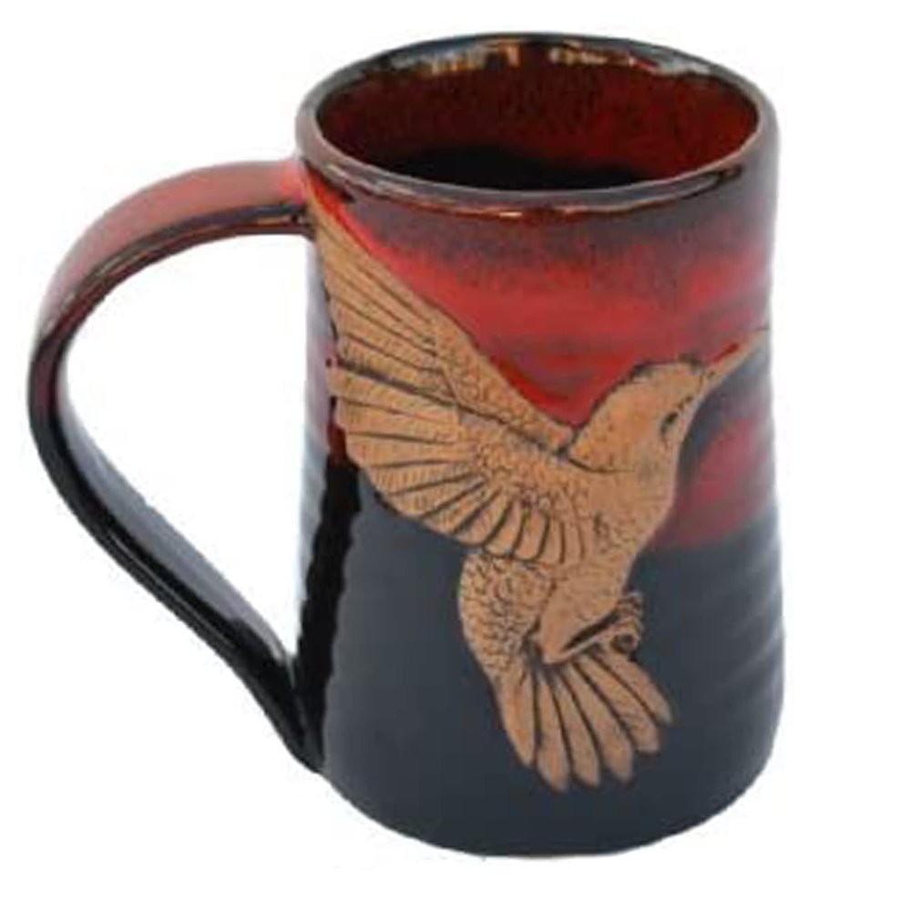 ALWAYS AZUL POTTERY - 3D Hummingbird in Red on Black - Handmade Ceramic Beer Mugs - Stylish and Unique Handcrafted Artistic Stoneware- Polished Clay Cups, Great For Beer, Coffee & More