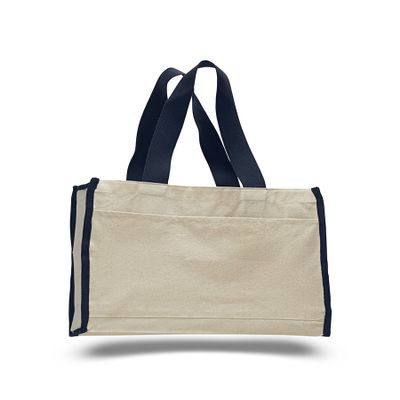 4 Dozen (Pack of 48) - Gusset Tote Bag with Color Handles (Natural/Navy, 48)