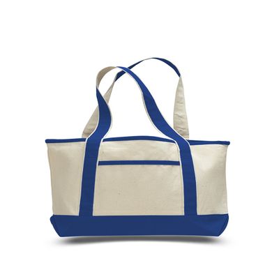 2 Dozen (Pack of 24) - Small Cotton Canvas Deluxe Tote Bag (Natural /Royal, 24)