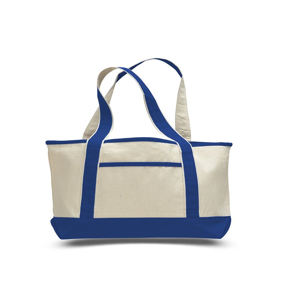 2 Dozen (Pack of 24) - Small Cotton Canvas Deluxe Tote Bag (Natural /Royal, 24)