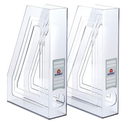 Acrimet Magazine File Holder  Vertical Rack for Documents, Folders and Mail, Durable Plastic Desk Organizer for Office & Home, Clear Crystal (2 Pack)