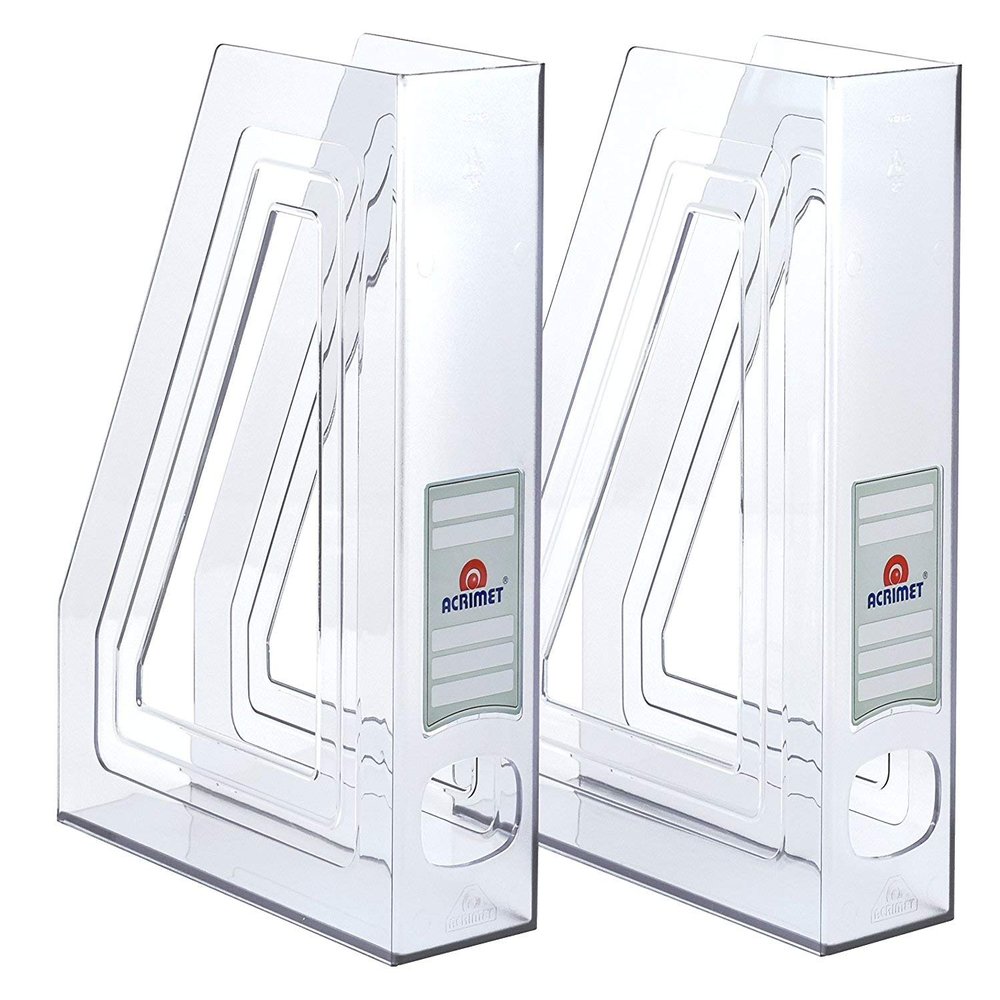 Acrimet Magazine File Holder  Vertical Rack for Documents, Folders and Mail, Durable Plastic Desk Organizer for Office & Home, Clear Crystal (2 Pack)