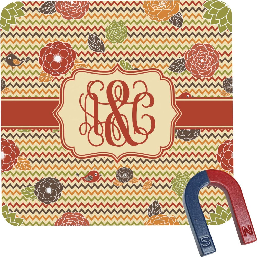Personalized Chevron & Fall Flowers Square Fridge Magnet