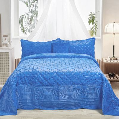 Home Soft Things Oversized King 4 Piece Faux Fur Quilted Tatami Bedspread Bedding Set, Soft Plush Warm Breathable Durable Quilt Coverlet Set with Matching Shams Pillows, 120" x 120", Palace Blue