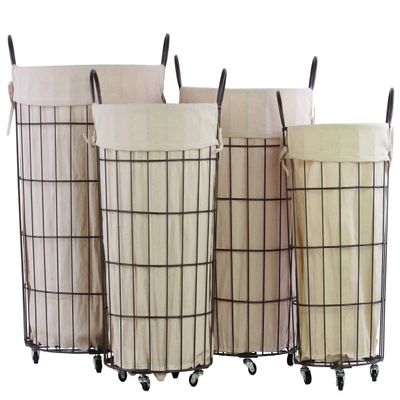 Urban Trends Metal Tall Round Basket with Cloth Lining, 2 Handles, 4 Casters and Mesh Sides Coated Finish (Set of 4), Brown