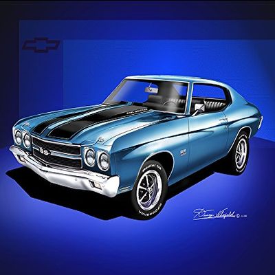197O CHEVELLE SS 454 - MULSANNA BLUE - STOCK WHEELS - ART PRINT POSTER BY ARTIST DANNY WHITFIELD - SIZE 20 X 30