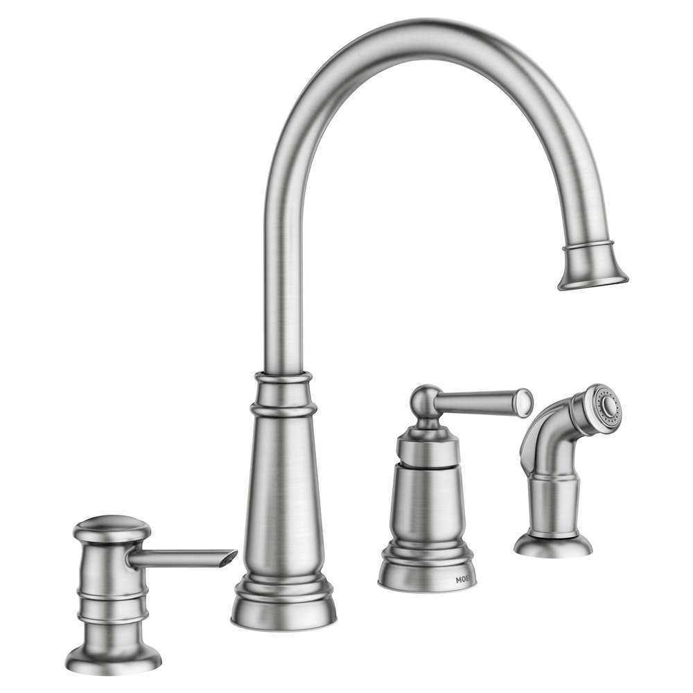 Moen Edison Spot Resist Stainless One-Handle High Arc 4-hole Kitchen Faucet with Side Sprayer and Soap Dispenser, 87042SRS