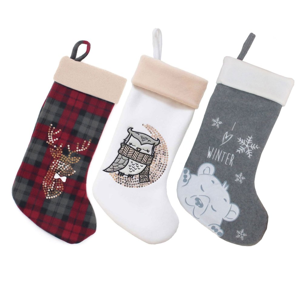 BambooMN 18" Classic Embroidered Sequined Animal Christmas Stocking - Assortment 97-3 Units