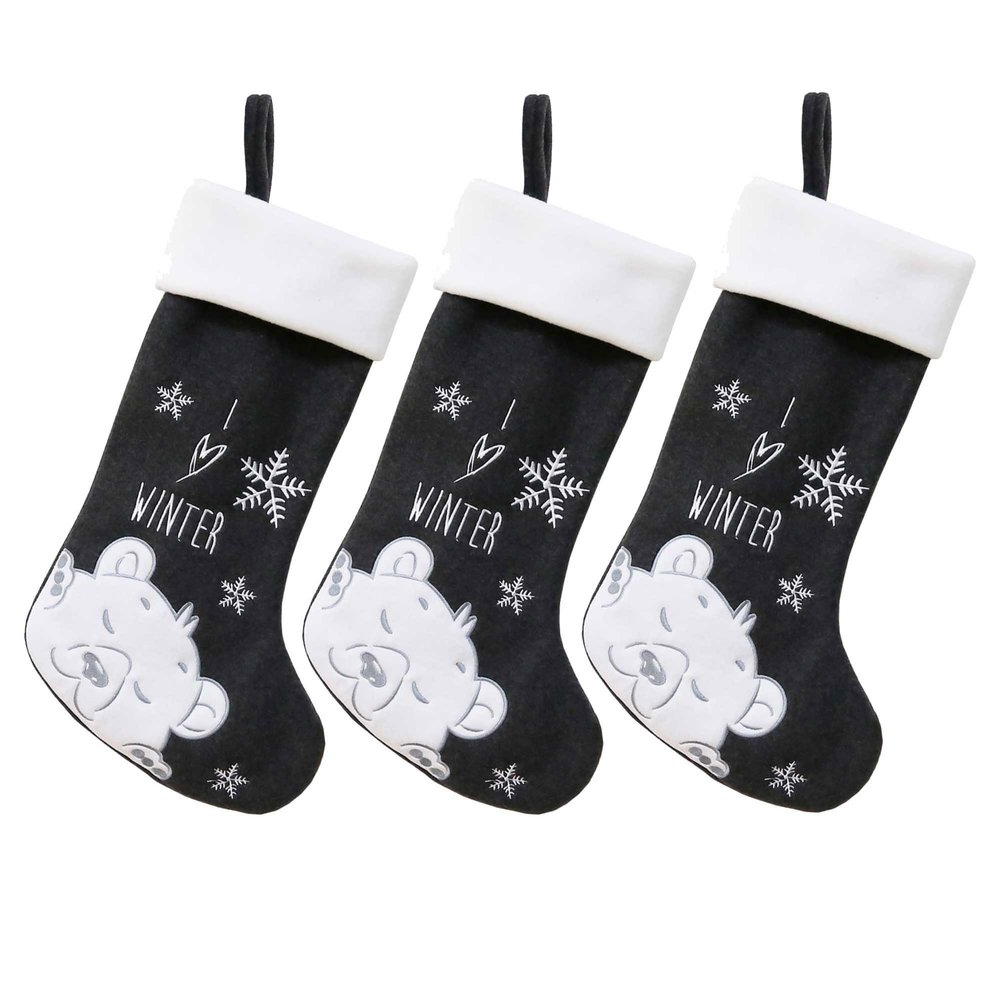BambooMN 18" Classic Embroidered Sequined Animal Christmas Stocking - White Bear - 3 Units