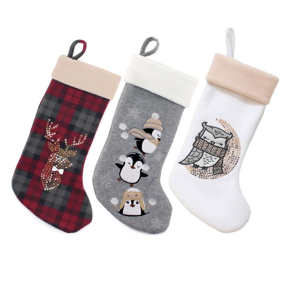 BambooMN 18" Classic Embroidered Sequined Animal Christmas Stocking - Assortment 99-3 Units