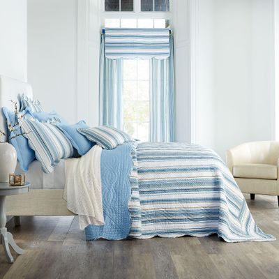 BrylaneHome Bedding Lightweight All Season Florence Quilted Oversized 100% Cotton Ultra Supreme Softness Bedspread - King, Blue Stripe