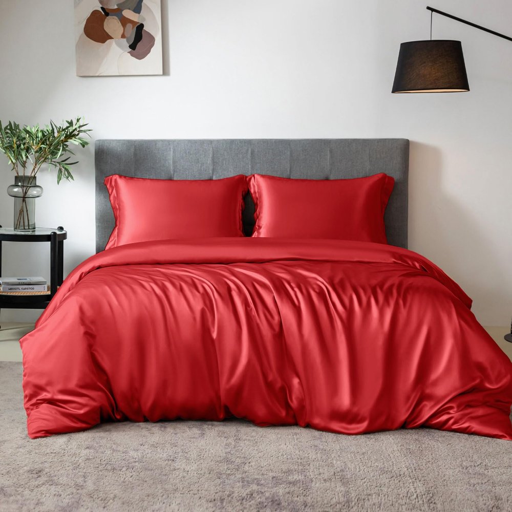 THXSILK 100% Silk Sheet Set, 7A+ Silk Sheet Set Soft Breathable, Luxury Bedding (1 Duvet Cover, 1 Fitted Sheet, 2 Pillow Shams), Twin, Red
