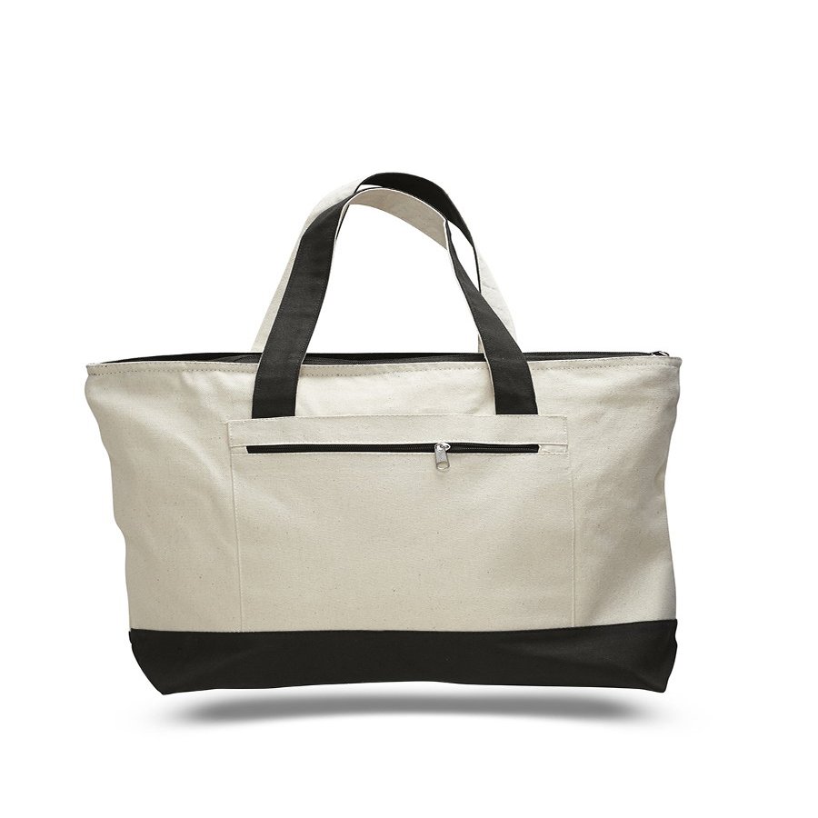 Cotton Canvas Zipper Tote Bag - 1 Piece (Natural/Black, 1)