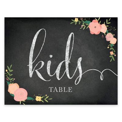 Andaz Press Wedding Party Signs, Chalkboard Pink Coral Floral Roses Print, 8.5x11-inch, Kids Table Sign, 1-Pack