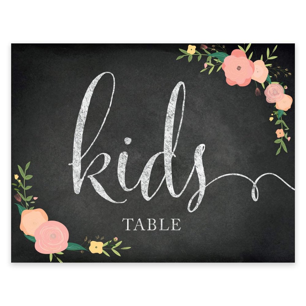 Andaz Press Wedding Party Signs, Chalkboard Pink Coral Floral Roses Print, 8.5x11-inch, Kids Table Sign, 1-Pack