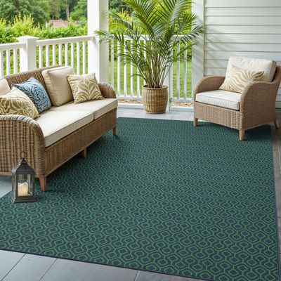 Oriental Weavers Meridian Indoor/Outdoor Rug - 1634Q - 3'7" x 5'6" - in Navy/Green - Casual Geometric, Water, Stain and Fade Resistant, Hose Clean, Patio, Outdoor Living Area Rug