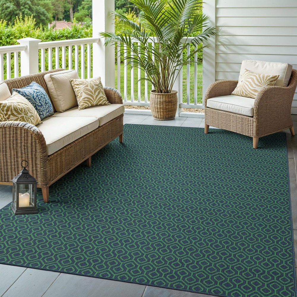 Oriental Weavers Meridian Indoor/Outdoor Rug - 1634Q - 3'7" x 5'6" - in Navy/Green - Casual Geometric, Water, Stain and Fade Resistant, Hose Clean, Patio, Outdoor Living Area Rug