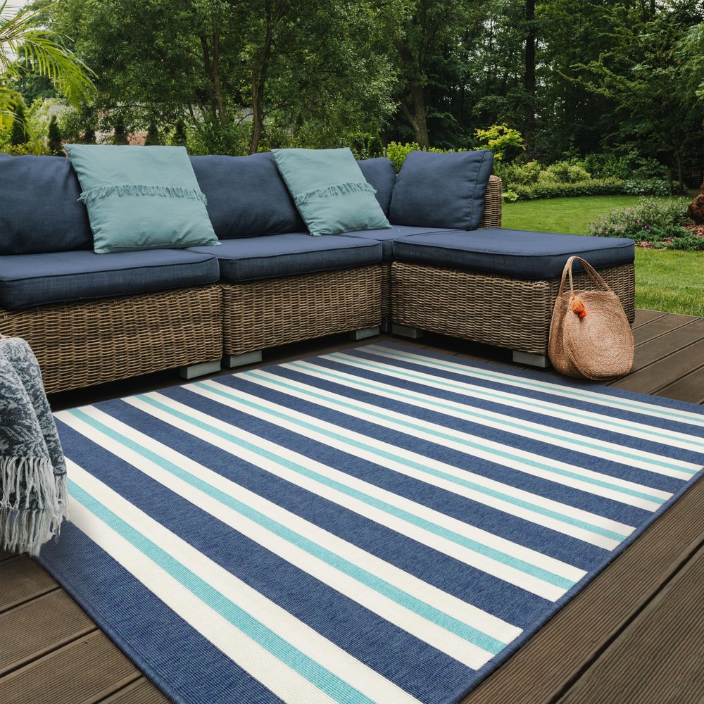 Oriental Weavers Meridian Indoor/Outdoor Rug - 5701B - 3'7" x 5'6" - in Blue/Ivory - Nautical & Coastal, Water, Stain and Fade Resistant, Hose Clean, Patio, Outdoor Living Area Rug