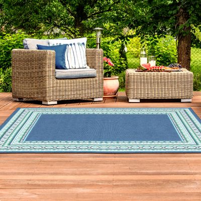 Oriental Weavers Meridian Indoor/Outdoor Rug - 9650B - 3'7" x 5'6" - in Navy/Green - Vintage Inspired, Water, Stain and Fade Resistant, Hose Clean, Patio, Outdoor Living Area Rug