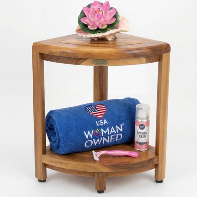 DecoTeak Teak Corner Shower Shelf 2 Tier Waterproof Bathroom Storage Organizer Compact Wood Storage | Water-Resistant Design | Space Saver for Showers & Small Bathrooms | Shaving Foot Rest