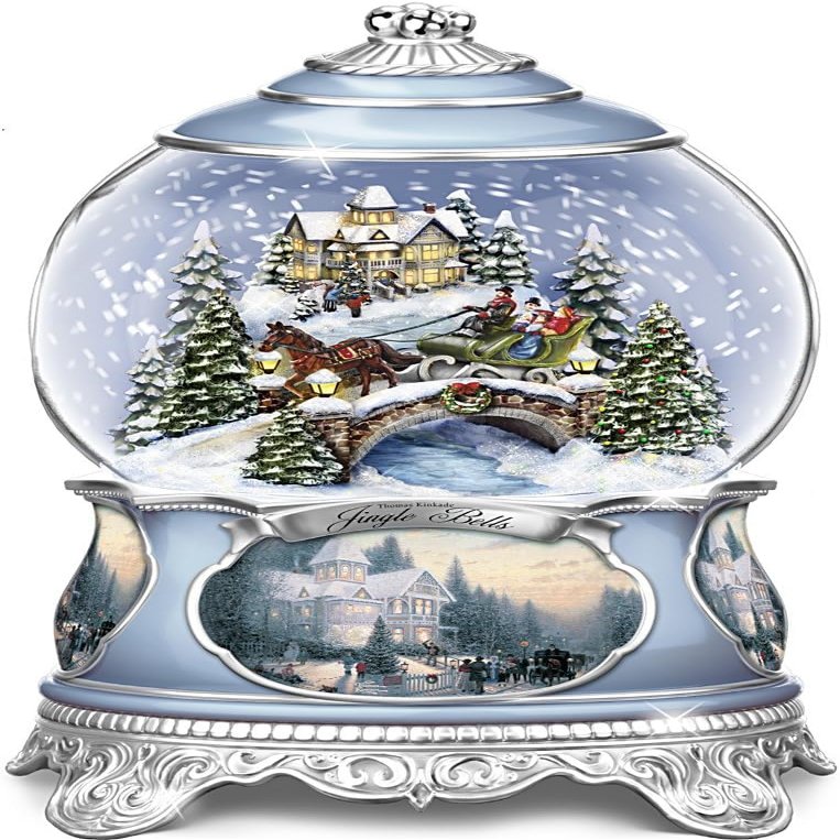 Illuminated Thomas Kinkade *Jingle Bells* Snow Globe W/Sculpted Scene in Adorable Treasures Gift Box