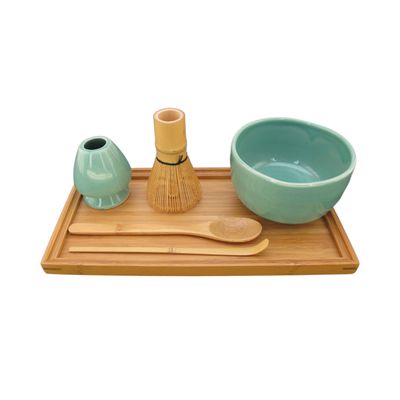 BambooMN Brand - Matcha Bowl Set (Includes Bowl, Rest,Tea Whisk, Chasaku, Tea Spoon & Tray) 2 Sets Green