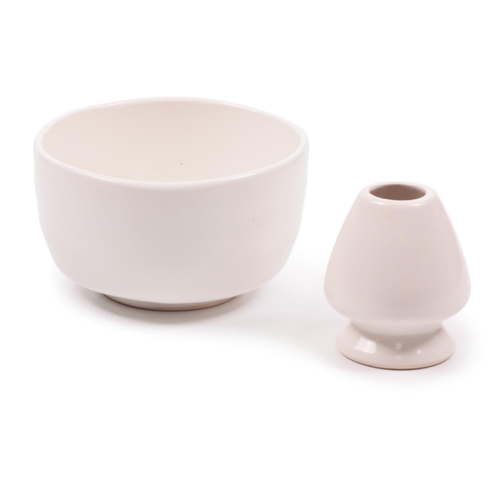 BambooMN Brand - Matcha Ceramic Set - Matcha Bowl and Whisk Holder - 2 Sets White