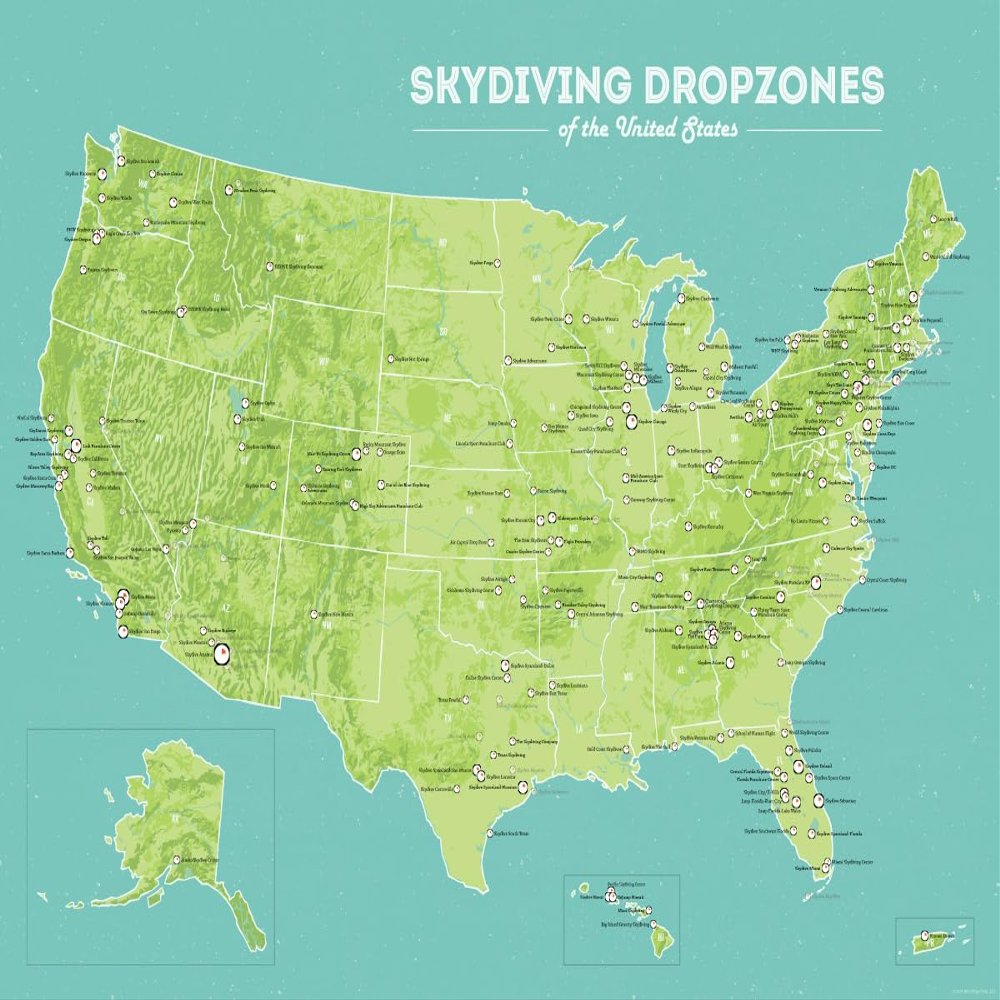 US Skydiving Dropzones Map 18x24 Poster (Green & Aqua)