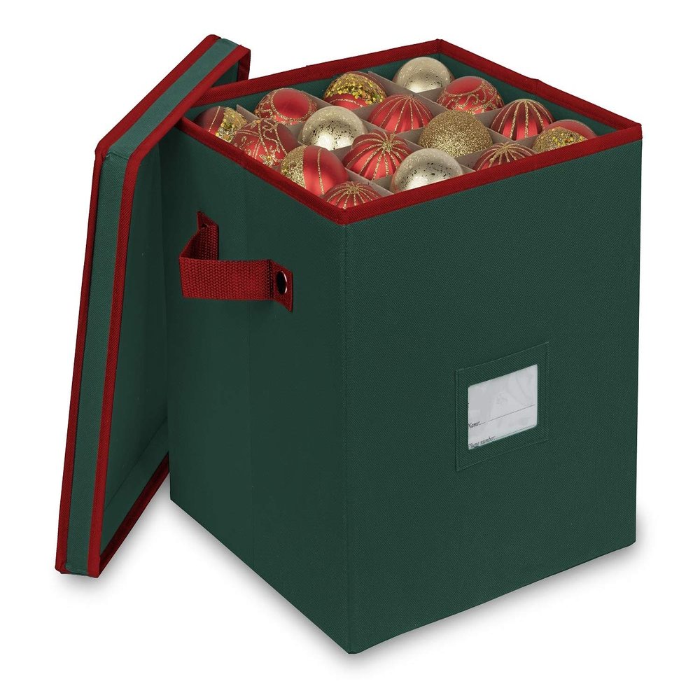 Primode Christmas Ornament Storage Box with 4 Trays, Holds Up to 64 Ornaments Decoration Balls, Holiday Storage Container with Dividers, Constructed of Durable 600D Oxford Material (Green)