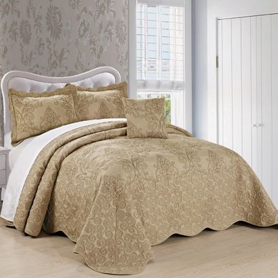 Home Soft Things Damask 4 Piece Bedspread Set, Scalloped Edge Reversible Quilt Coverlet Comforter Prewashed Bedding Set, Matelasse Embossed Floral Solid Pattern,Incense Oversize King(120" x 120")