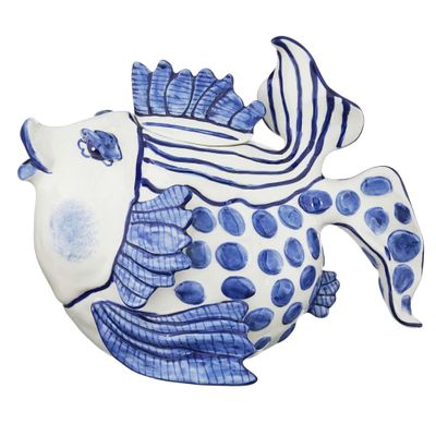 Blue Sky Ceramic Delft Fish Teapot, 10 x 6.5 x 7.75"