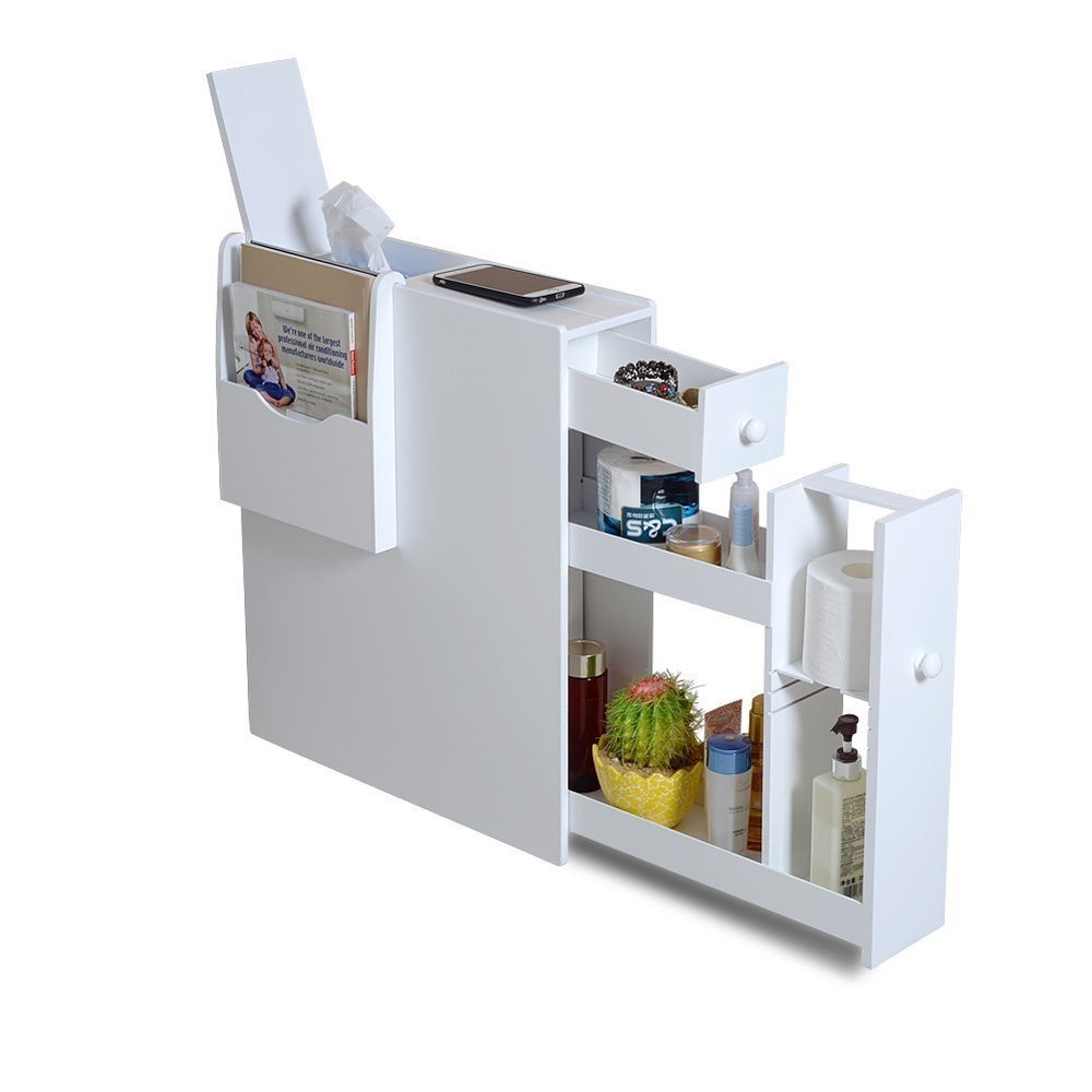 Organizedlife Narrow Side Table with Paper Holder Organizer for Small Spaces,Freestanding Bathroom Cabinet, Without Assembly White